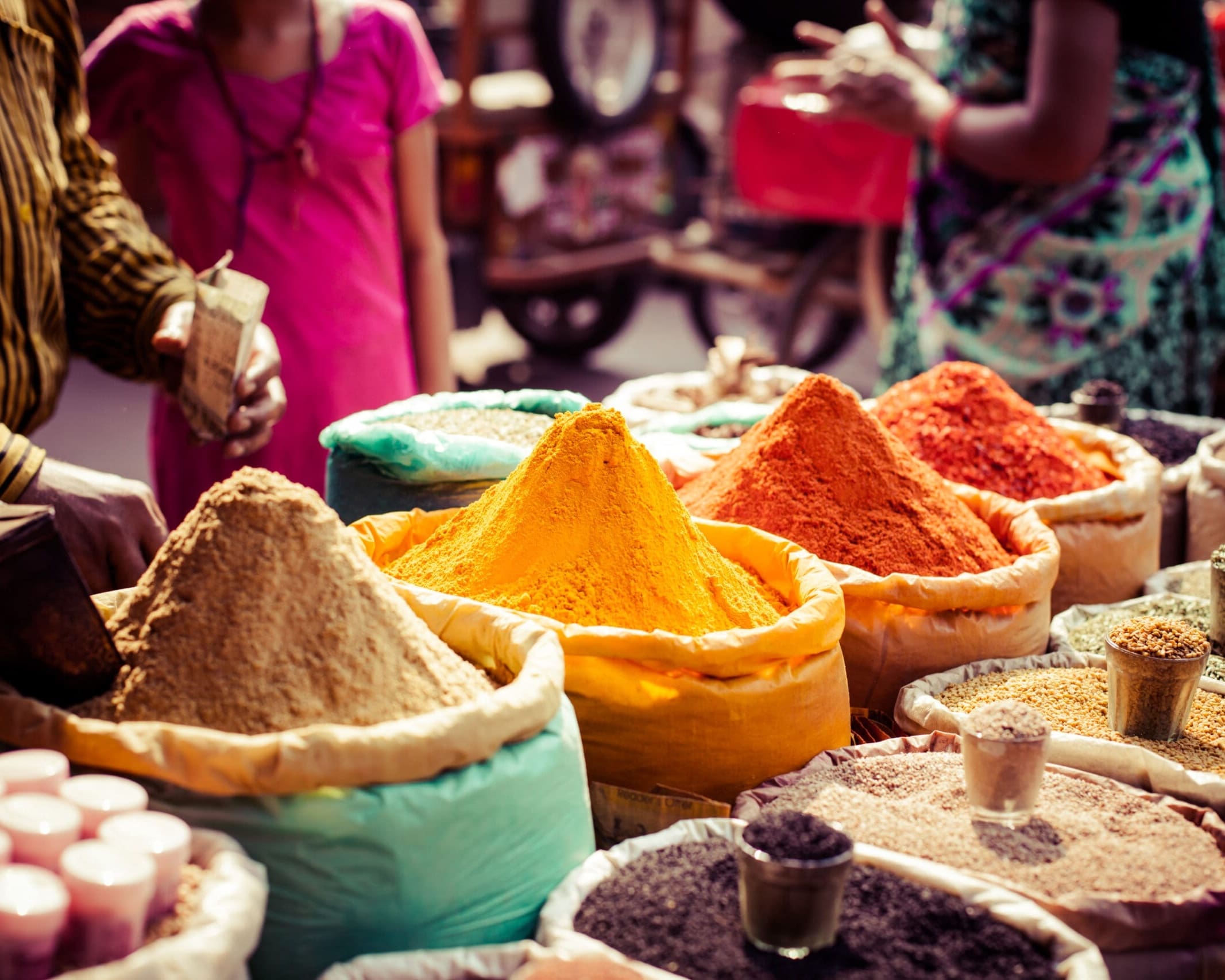 Traditional spices and dry fruits in local bazaar in India.