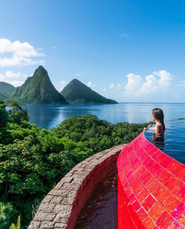 A pool with a view of Jade Mountain, St. Lucia