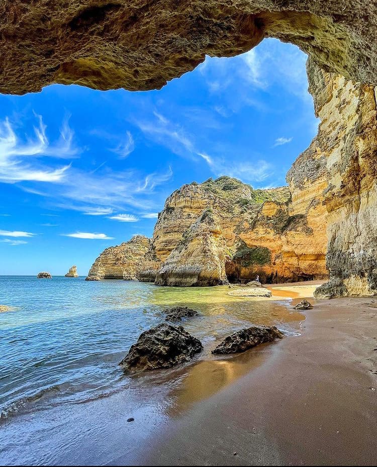 The view from within a cave formation at Praia de Dona Ana