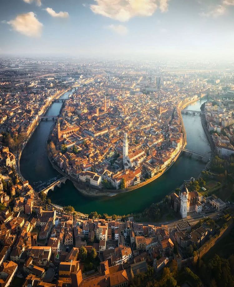Aerial views over Verona, Italy