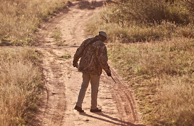 Big game tracker looking for tracks on a dirt road in South Africa