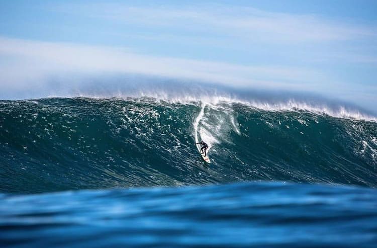 A surfer dropping in on a large wave at Dungeons beach