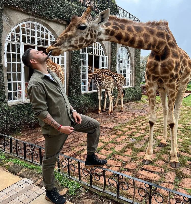 Football player Mauro Icardi interacting with a giraffe at the Giraffe Centre 