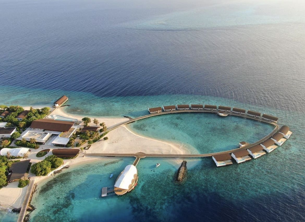 Aerial view over The Westin Resort, Maldives
