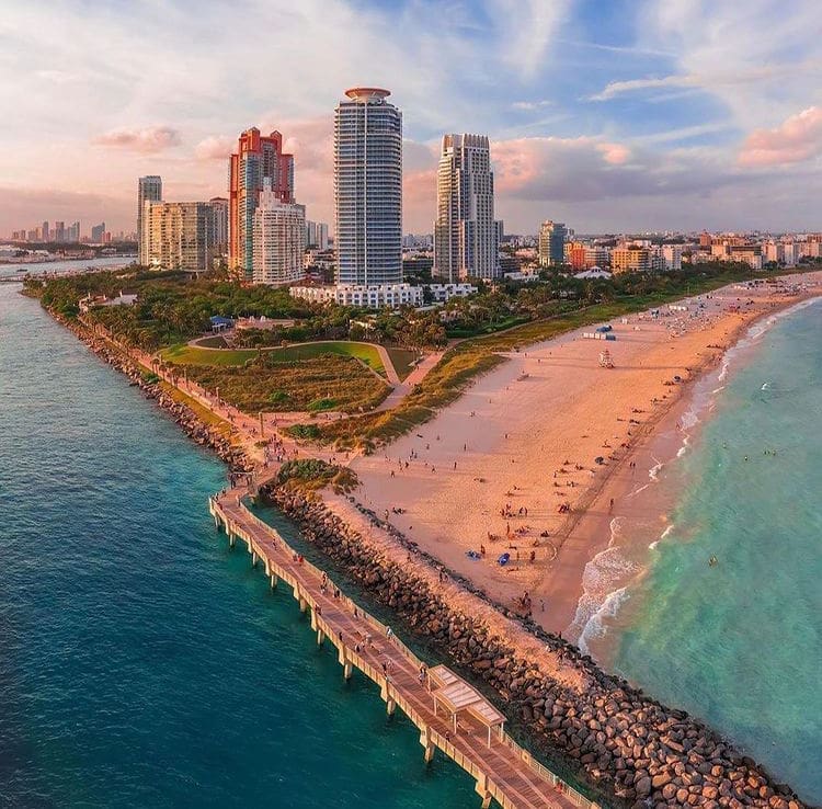 Golden hour over south pointe, miami beach