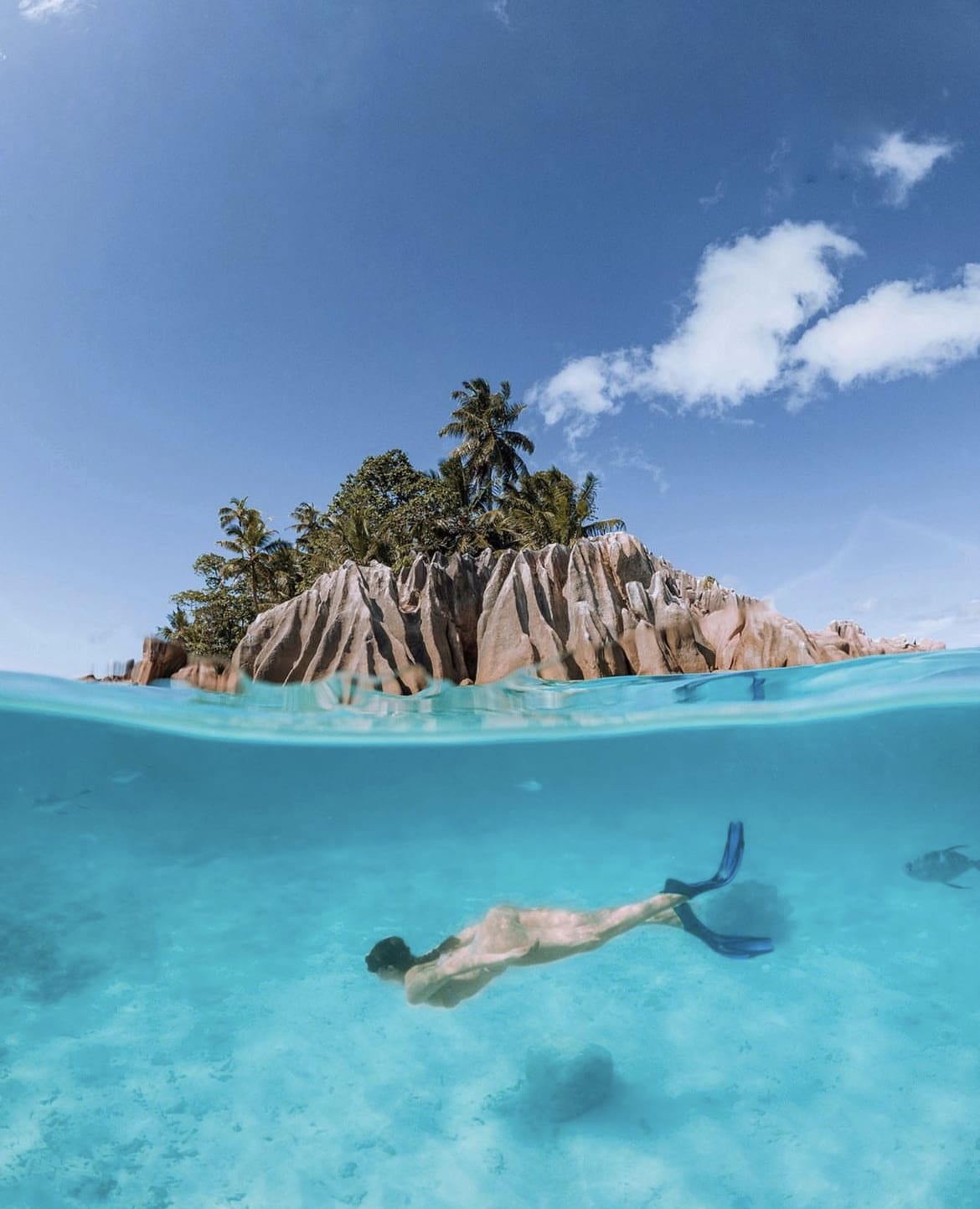 Free-diving in the crystal clear waters of the Seychelles