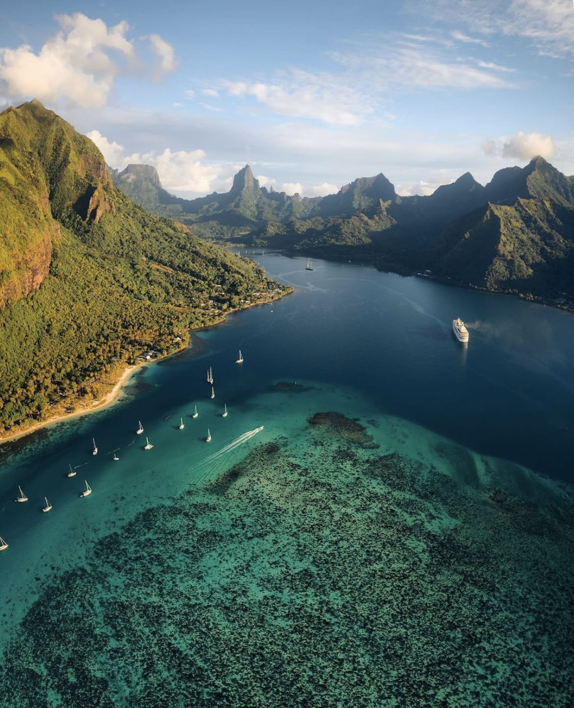 Aerial views over Moorea Island in French Polynesia
