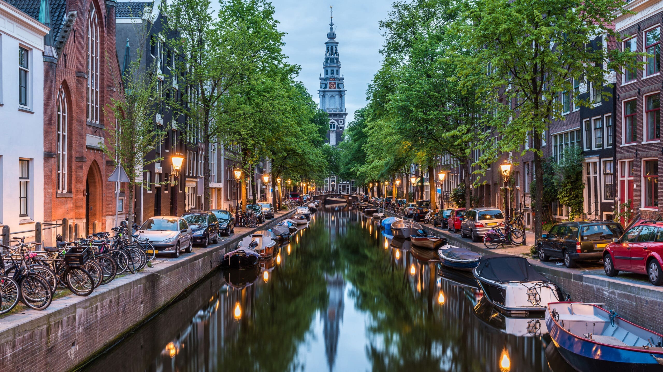 Amsterdam City, Illuminated Building and Canal at night, Netherl